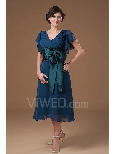 Chiffon V-Neckline Tea-Length Column Mother Of The Bride Dress with Ruffle