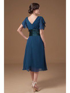 Chiffon V-Neckline Tea-Length Column Mother Of The Bride Dress with Ruffle