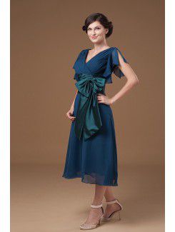 Chiffon V-Neckline Tea-Length Column Mother Of The Bride Dress with Ruffle