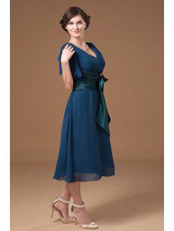 Chiffon V-Neckline Tea-Length Column Mother Of The Bride Dress with Ruffle