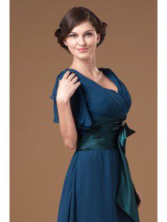 Chiffon V-Neckline Tea-Length Column Mother Of The Bride Dress with Ruffle