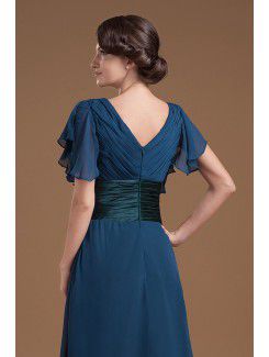 Chiffon V-Neckline Tea-Length Column Mother Of The Bride Dress with Ruffle