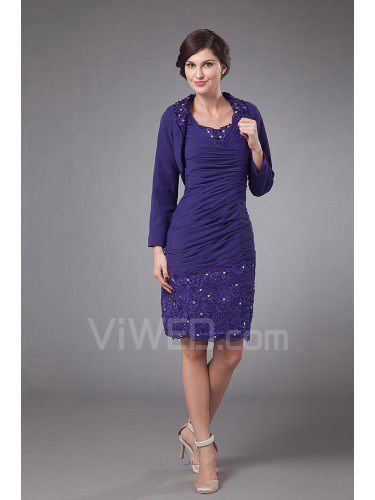 Chiffon Straps Knee-Length Sheath Mother Of The Bride Dress with Embroidered and Jacket