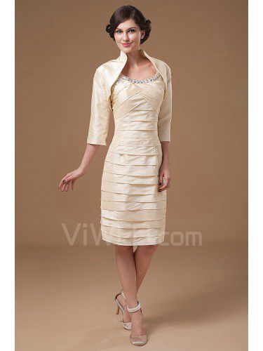 Taffeta Straps Knee-length Sheath Mother Of The Bride Dress with Sequins Ruched and Jacket