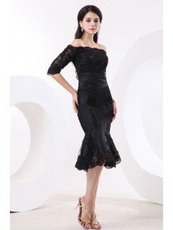 Taffeta and Lace Off-the-shoulder Knee-length Mermaid Mother Of The Bride Dress with Sequins and Half-Sleeves