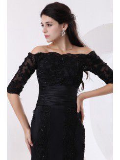 Taffeta and Lace Off-the-shoulder Knee-length Mermaid Mother Of The Bride Dress with Sequins and Half-Sleeves