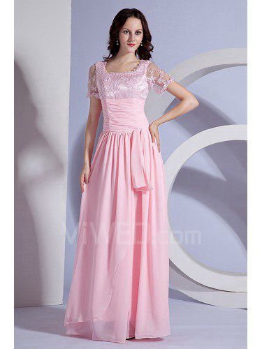 Chiffon Square Floor Length Column Mother Of The Bride Dress with Embroidered and Short Sleeves