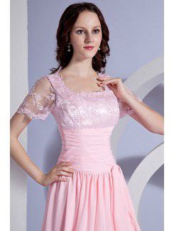 Chiffon Square Floor Length Column Mother Of The Bride Dress with Embroidered and Short Sleeves