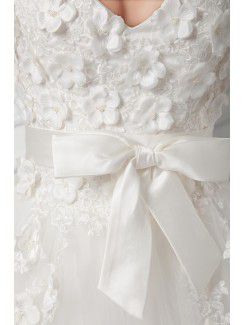 Satin and Net V-Neckline A-line Sweep Train Embroidered Wedding Dress