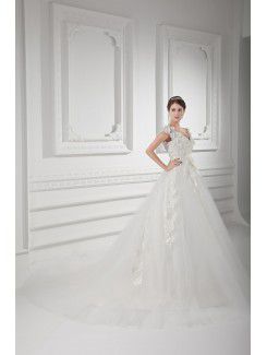 Satin and Net V-Neckline A-line Sweep Train Embroidered Wedding Dress