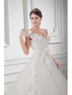 Satin and Net V-Neckline A-line Sweep Train Embroidered Wedding Dress