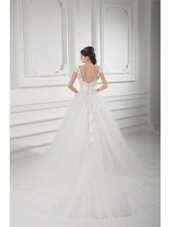 Satin and Net V-Neckline A-line Sweep Train Embroidered Wedding Dress