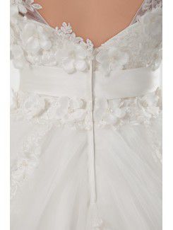 Satin and Net V-Neckline A-line Sweep Train Embroidered Wedding Dress