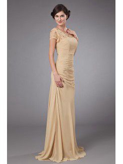 Chiffon Scoop Sweep Train A-line Mother Of The Bride Dress with Beading and Cap-Sleeves