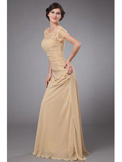 Chiffon Scoop Sweep Train A-line Mother Of The Bride Dress with Beading and Cap-Sleeves