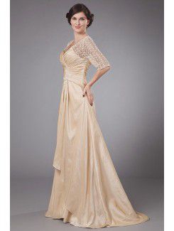 Taffeta V-Neck Sweep Train A-line Mother Of The Bride Dress with Embroidered and Ruched