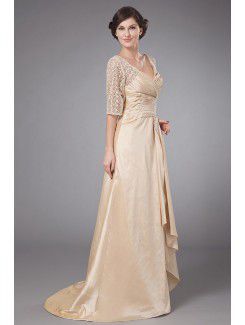 Taffeta V-Neck Sweep Train A-line Mother Of The Bride Dress with Embroidered and Ruched