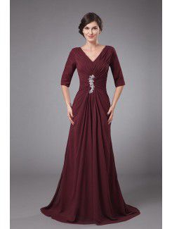 Chiffon V-Neckline Sweep Train A-line Mother Of The Bride Dress with Gathered Ruched