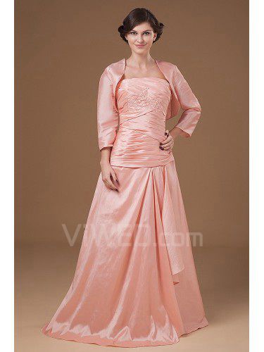 Taffeta Strapless Floor Length A-line Mother Of The Bride Dress with Embroidered Crisscross Ruched and Jacket