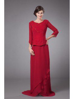 Chiffon Bateau Sweep Train Column Mother Of The Bride Dress with Beading Long Sleeves