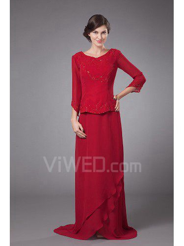 Chiffon Bateau Sweep Train Column Mother Of The Bride Dress with Beading Long Sleeves