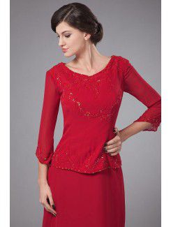 Chiffon Bateau Sweep Train Column Mother Of The Bride Dress with Beading Long Sleeves