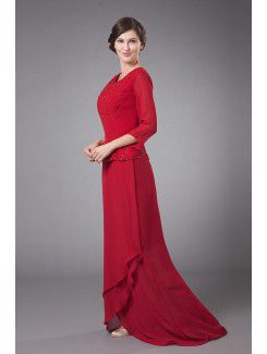 Chiffon Bateau Sweep Train Column Mother Of The Bride Dress with Beading Long Sleeves