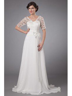 Chiffon V-Neckline Sweep Train A-line Mother Of The Bride Dress with Embroidered and Short Sleeves