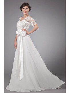 Chiffon V-Neckline Sweep Train A-line Mother Of The Bride Dress with Embroidered and Short Sleeves