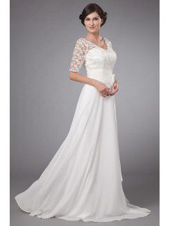 Chiffon V-Neckline Sweep Train A-line Mother Of The Bride Dress with Embroidered and Short Sleeves