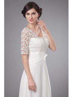 Chiffon V-Neckline Sweep Train A-line Mother Of The Bride Dress with Embroidered and Short Sleeves