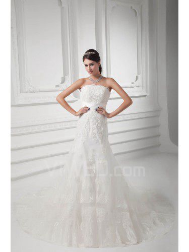 Cetim e uma linha de trem de varredura vestido de casamento bordado strapless net