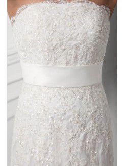 Satin and Net Strapless A-line Sweep Train Embroidered Wedding Dress