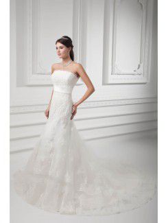 Satin and Net Strapless A-line Sweep Train Embroidered Wedding Dress