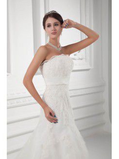 Satin and Net Strapless A-line Sweep Train Embroidered Wedding Dress