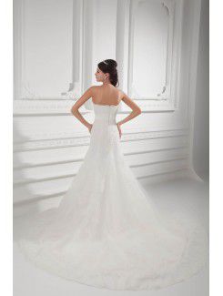 Satin and Net Strapless A-line Sweep Train Embroidered Wedding Dress