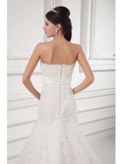 Satin and Net Strapless A-line Sweep Train Embroidered Wedding Dress