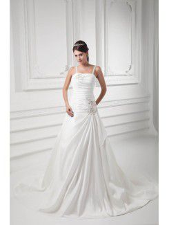 Satin Spaghetti A-line Sweep Train Embroidered Wedding Dress