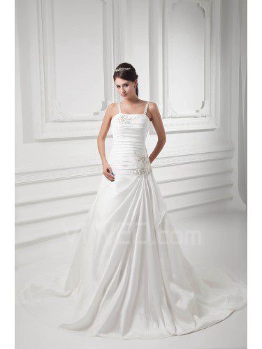 Satin Spaghetti A-line Sweep Train Embroidered Wedding Dress