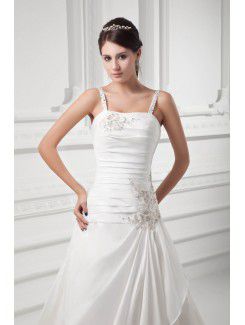 Satin Spaghetti A-line Sweep Train Embroidered Wedding Dress