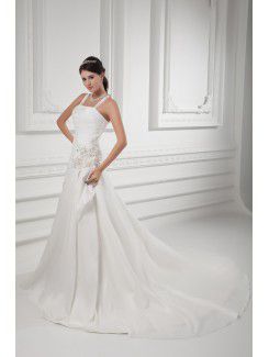 Satin Spaghetti A-line Sweep Train Embroidered Wedding Dress