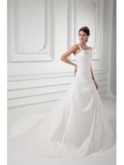 Satin Spaghetti A-line Sweep Train Embroidered Wedding Dress