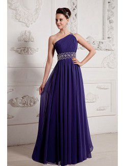 Chiffon One-Shoulder Floor Length A-line Evening Dress with Sequins and Ruffle