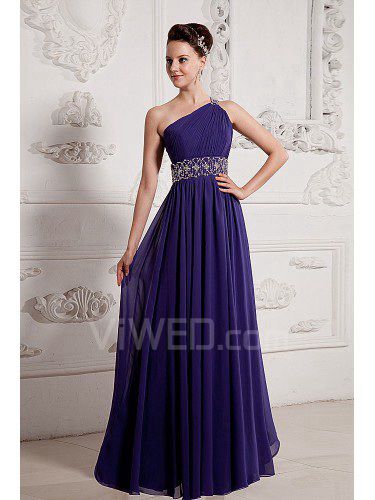 Chiffon One-Shoulder Floor Length A-line Evening Dress with Sequins and Ruffle