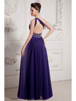 Chiffon One-Shoulder Floor Length A-line Evening Dress with Sequins and Ruffle