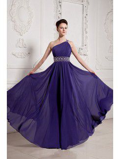 Chiffon One-Shoulder Floor Length A-line Evening Dress with Sequins and Ruffle