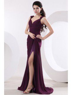 Chiffon V-Neckline Sweep Train A-line Evening Dress with Pleat