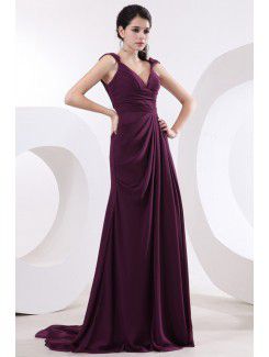 Chiffon V-Neckline Sweep Train A-line Evening Dress with Pleat