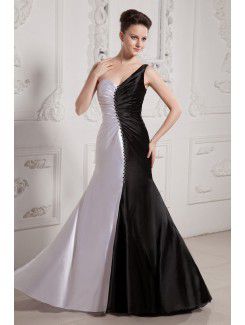 Charmeuse one-shoulder golv längd sjöjungfru klänning med strass och volang