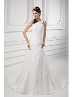 Organza One-Shoulder A-line Sweep Train Wedding Dress